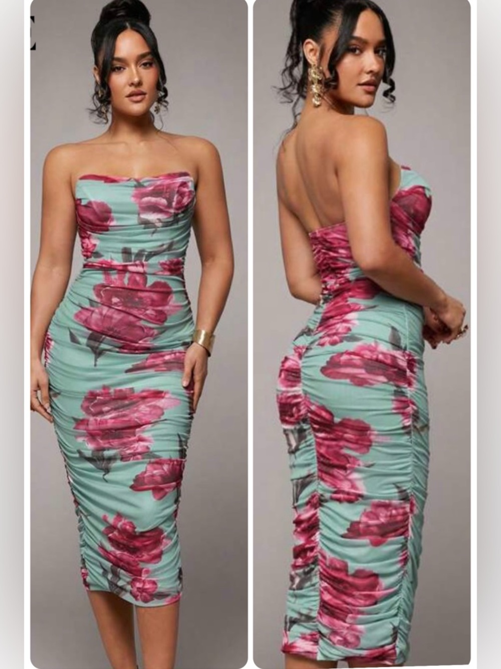SILQUEE Strapless Mint Green Floral Ruched Bodycon Dress Size Small
